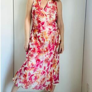 Vintage 90s Silk Bias Cut slip Dress Size 14/XL Floral Print Red Orange Midi Fit